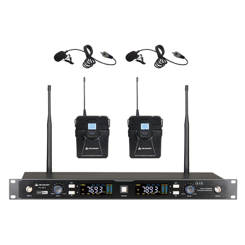 MICROFONO-ITALY-AUDIO-ITL-821-UHF-PLL-DUAL-CH.-UN-RECIBIDOR-Y-2-MICROFONOS-DE-SOLAPA