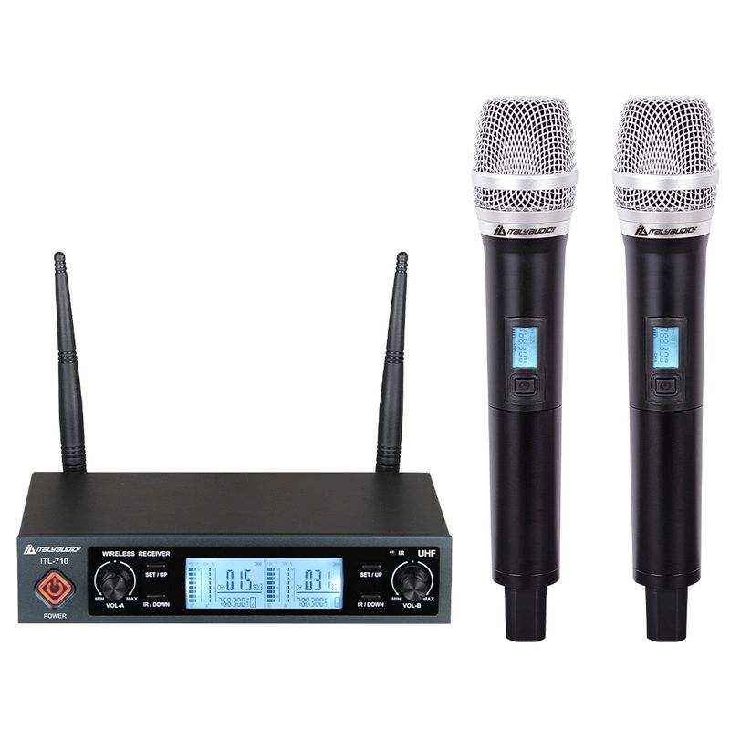 MICROFONO-ITALY-AUDIO-ITL-710-UHF-PLL-DUAL-CH-UN-RECIBIDOR-Y-2-MICROFONOS-DE-MANO