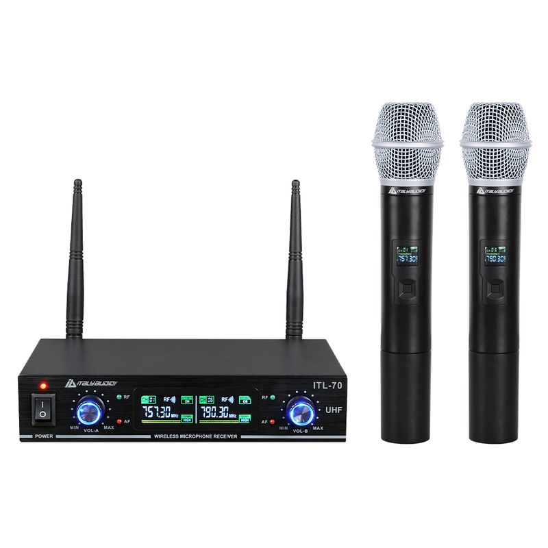 MICROFONO-ITALY-AUDIO-ITL-70-UHF-PLL-DUAL-CH-UN-RECIBIDOR-Y-2-MICROFONOS-DE-MANO