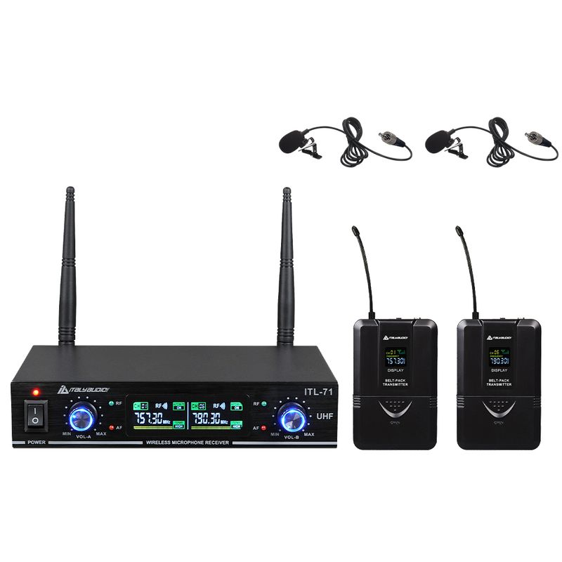MICROFONO-ITALY-AUDIO-ITL-71-UHF-PLL-DUAL-CH-UN-RECIBIDOR-Y-2-MICROFONOS-DE-SOLAPA