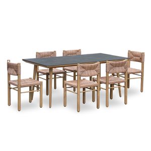 JUEGO DE COMEDOR PARA EXTERIORES NEWPORT, MESA ALUMINIO CON TABLERO DE PIEDRA Y 6 SILLAS DE ALUMINIO